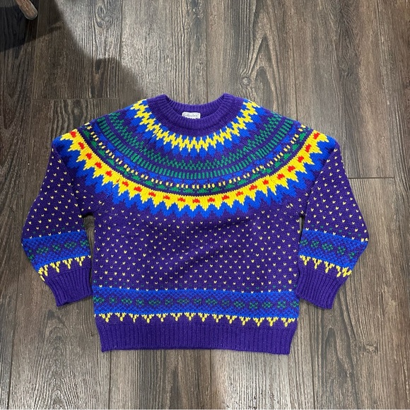 Vintage 80s Gallagher 100% Wool Fair Isle Sweater Purple Multicolor size S